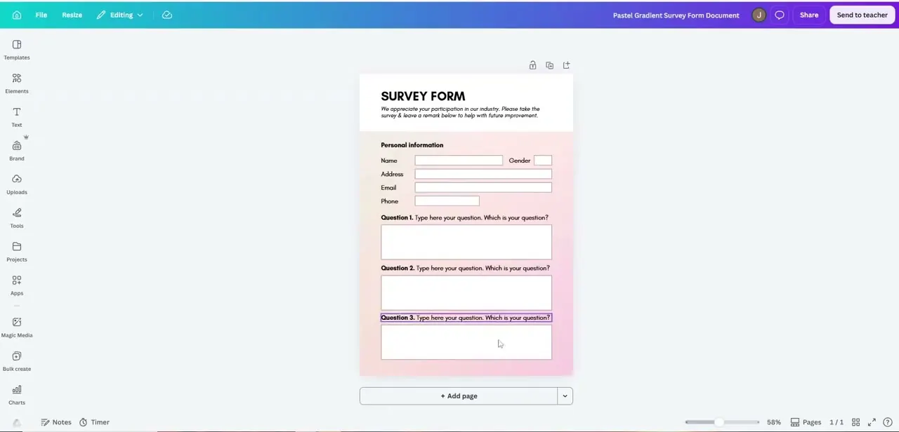 A survey form template as it opens: a personal-information block up top, followed by numbered question boxes still holding their placeholder text.