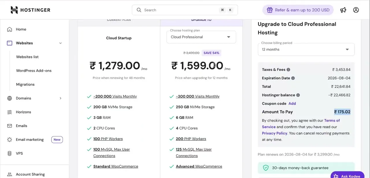 The plan dropdown set to Cloud Professional Hosting, with the resulting price, resource table, and checkout total updating on the right.
