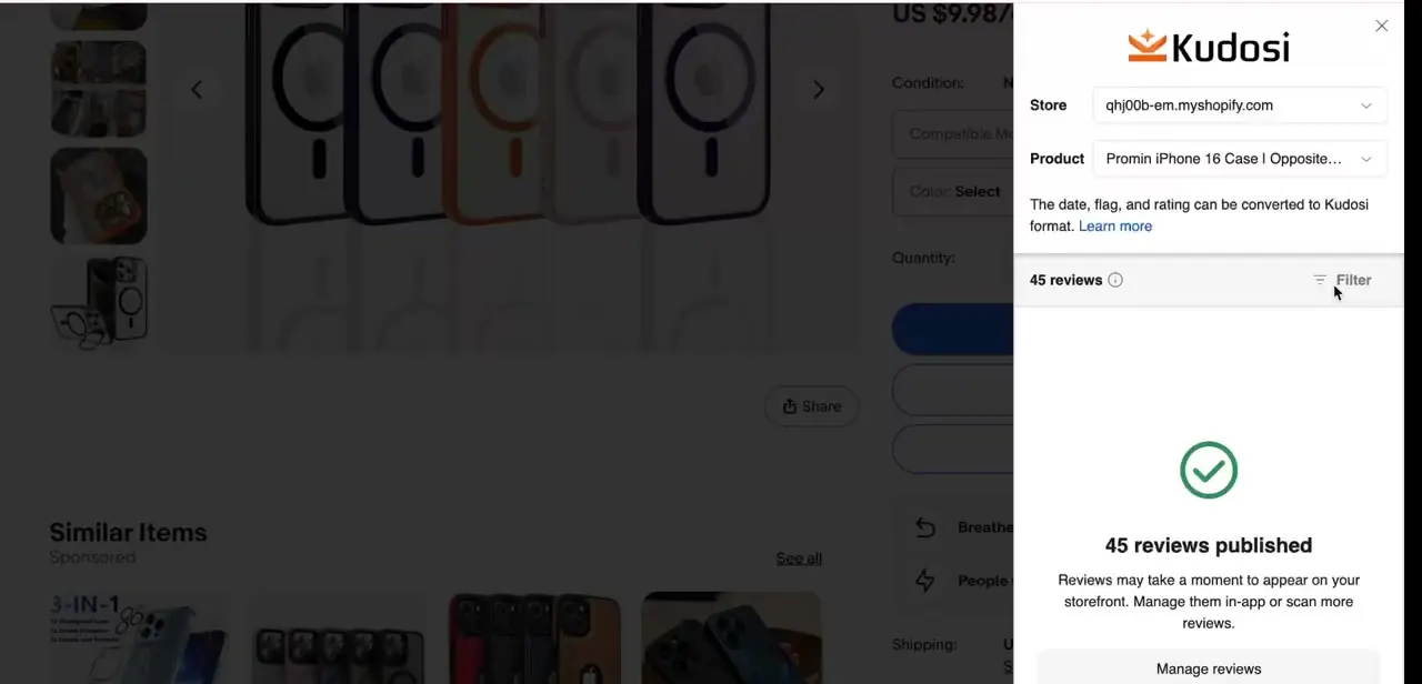 A completed scan showing "45 reviews published" with options to manage them or scan additional reviews.