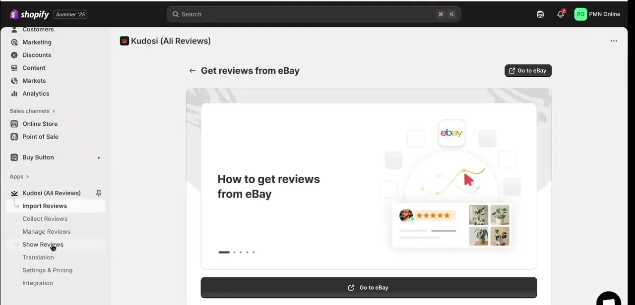 Kudosi's "Get reviews from eBay" screen inside Import Reviews, with a Go to eBay button that opens the marketplace in a new tab.
