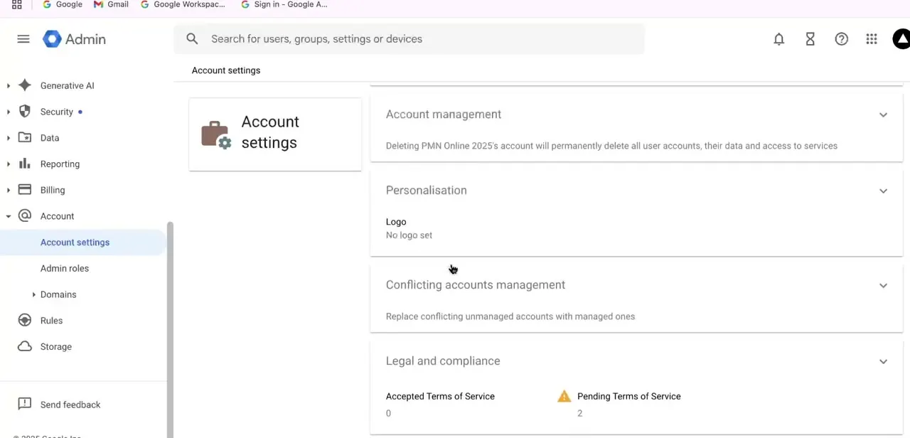 The Account settings page in the Admin console, with the Personalisation section showing "Logo — No logo set," confirming the upload didn't take.