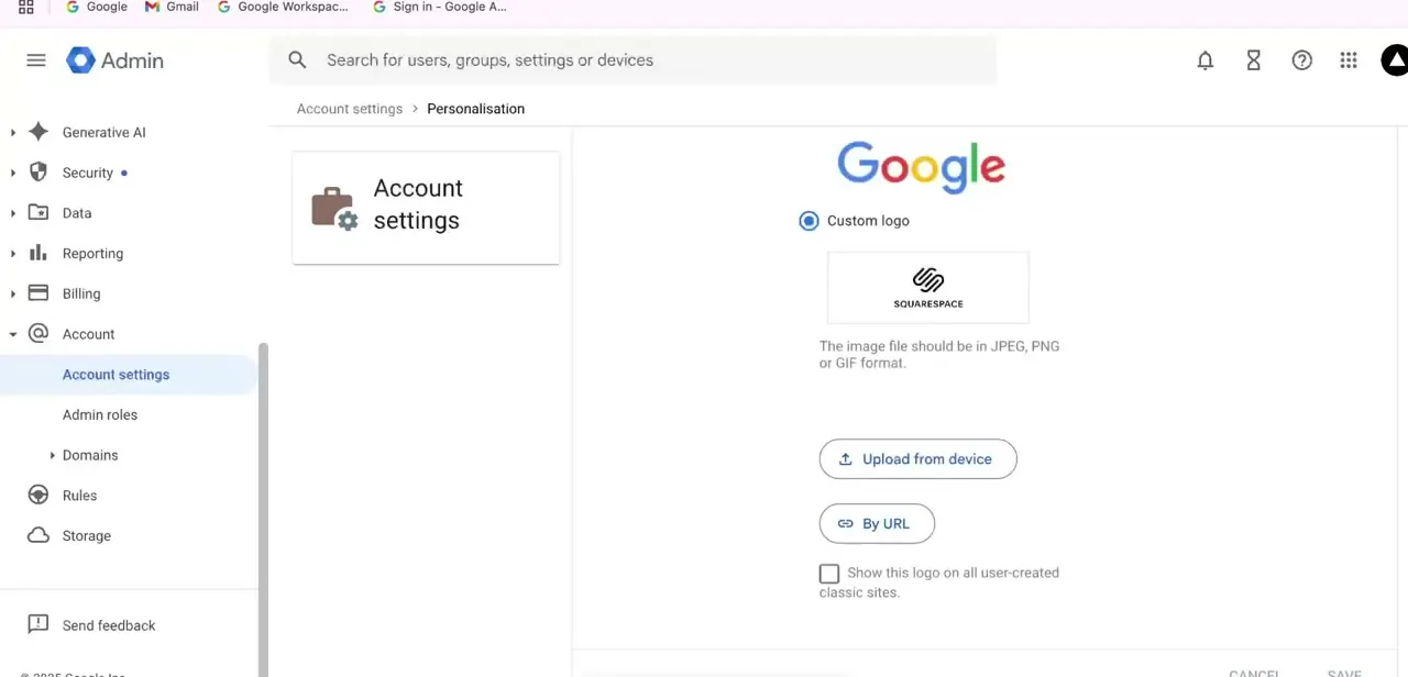 The Custom logo section under Personalisation, with an existing logo preview and the Upload from device and By URL options used to replace it.