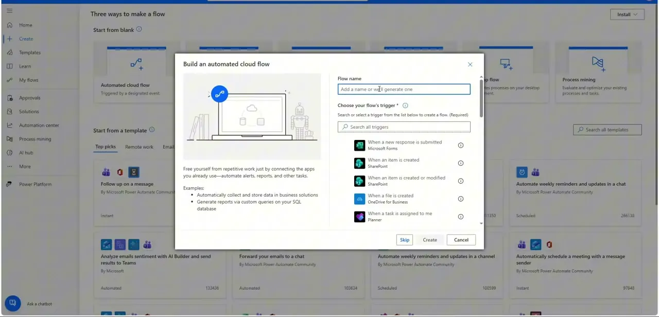 The trigger picker for a new automated cloud flow, with "When a new response is submitted" (Microsoft Forms) listed among the built-in triggers.