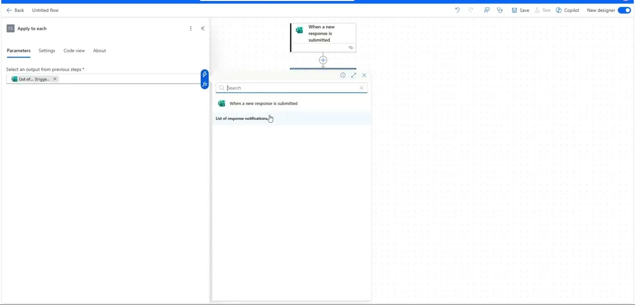 The flow designer showing the Microsoft Forms trigger connected to a downstream action, with dynamic content like "List of response notifications" available to map into later steps.