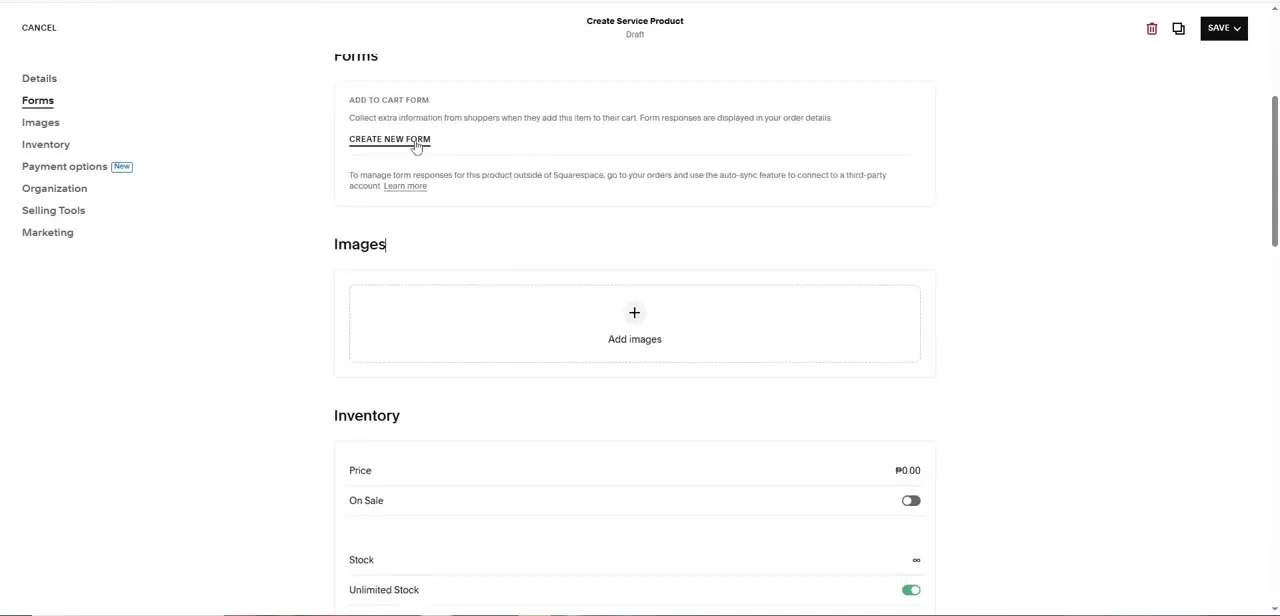 The Create Service Product editor's Forms and Images sections — a "Create new form" link for collecting booking details, and an "Add images" tile below it.