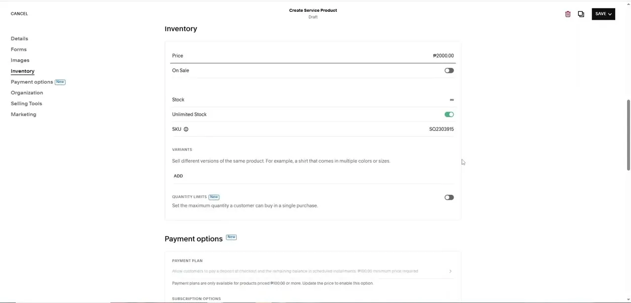 The Inventory tab set to ₱2,000.00 with Unlimited Stock enabled and an auto-generated SKU, and the Payment options section below offering deposit-plus-installment plans.