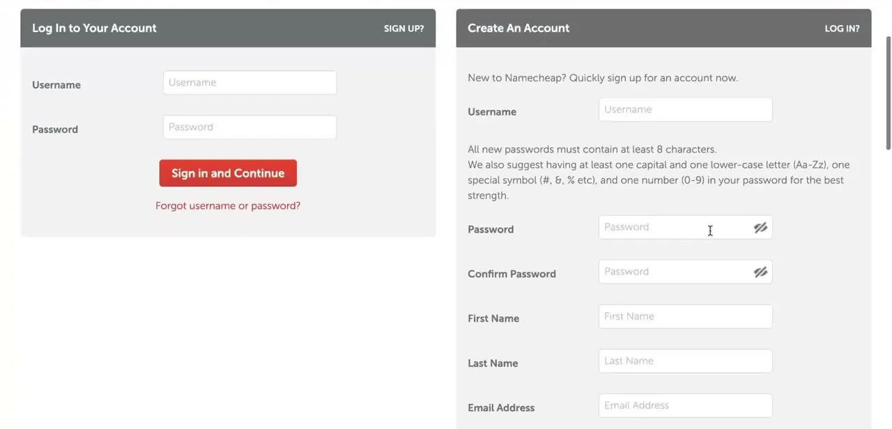 Namecheap's sign-in screen. Use the account that actually owns the domain — a fresh signup won't have it listed.