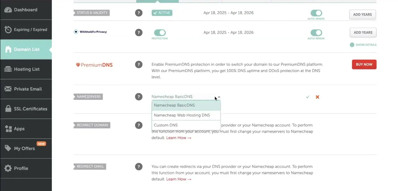 The Nameservers dropdown on a domain's settings page, showing Namecheap BasicDNS, Namecheap Web Hosting DNS, and Custom DNS.