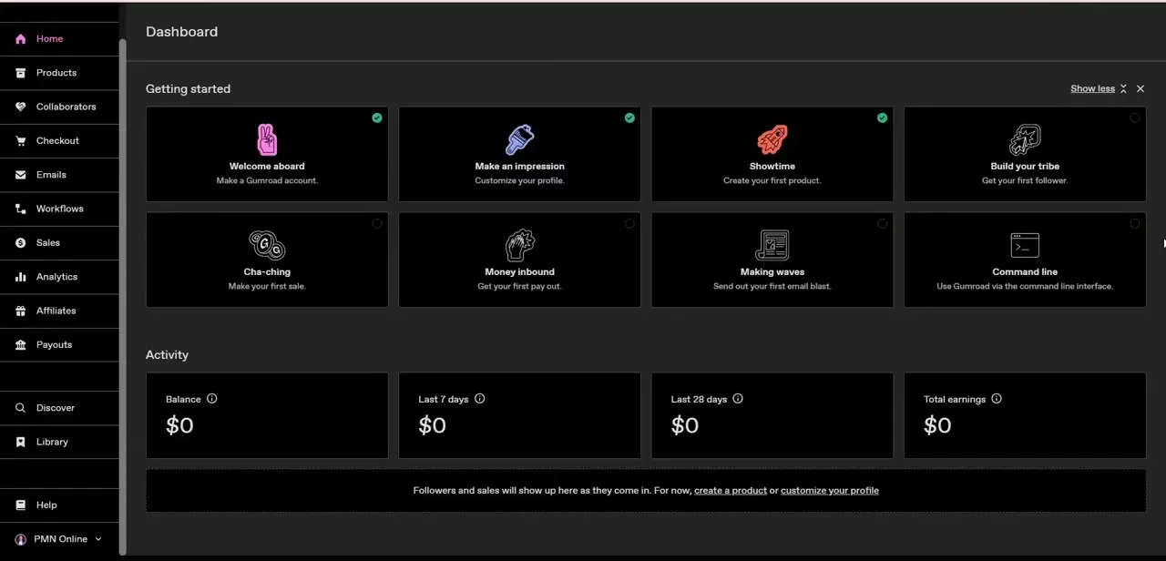The Gumroad dashboard after signup, with the "Getting started" checklist calling out following and first-sale milestones, and Emails and Workflows both available in the left menu.