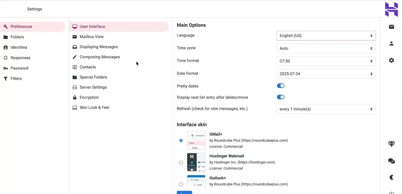 Webmail's User Interface preferences, covering language, time format, and interface skin, but no profile picture setting among them.