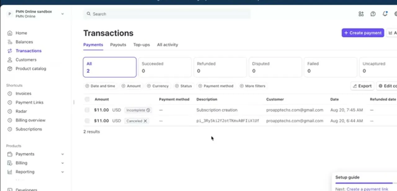 The Transactions page, listing recent payments with status filters for Succeeded, Refunded, Disputed, Failed, and Uncaptured across the top.