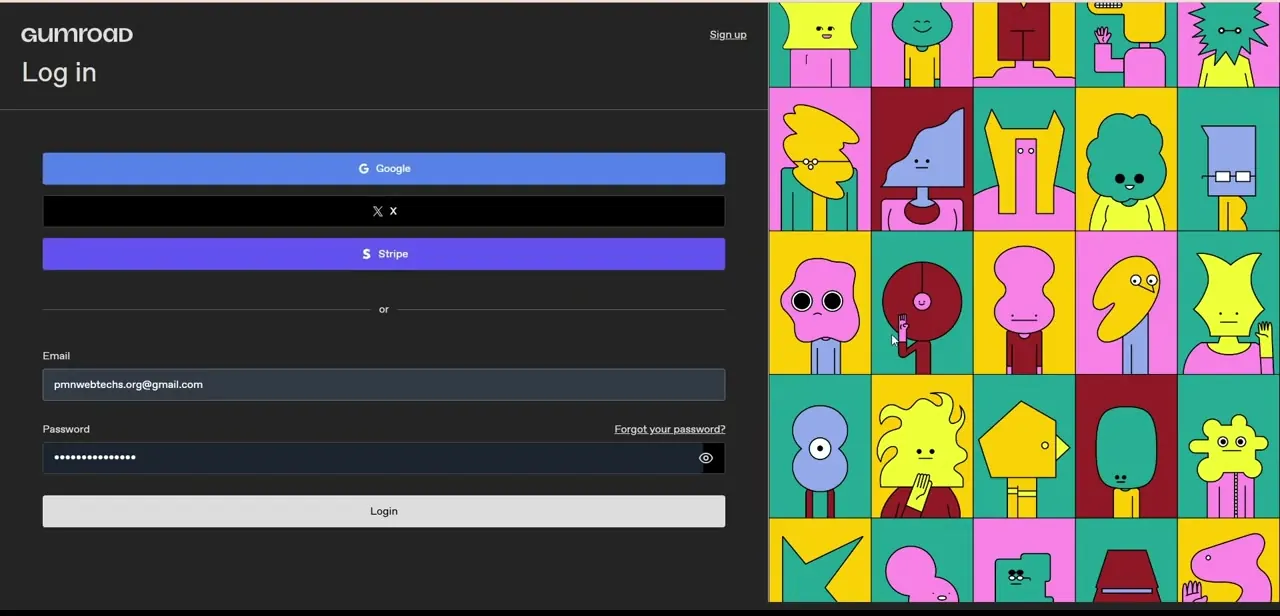 Gumroad's account screen, with Google, X, and Stripe sign-in buttons above a standard email-and-password option.