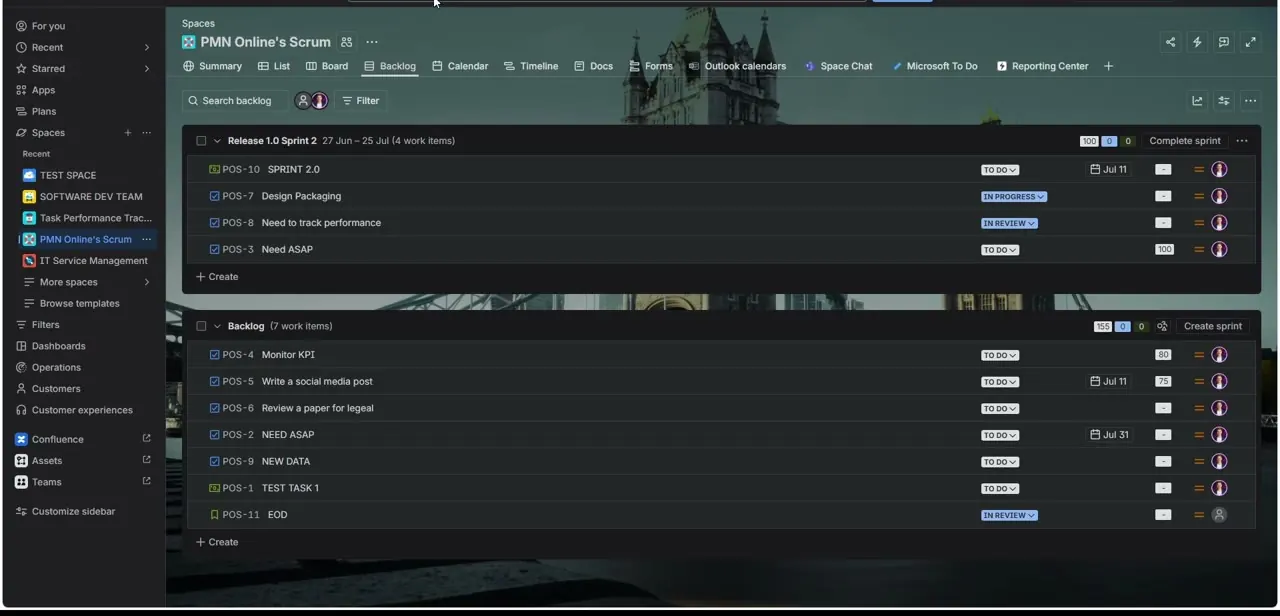 A Jira Scrum backlog, with sprint items and backlog items each carrying a status, due date, and assignee.