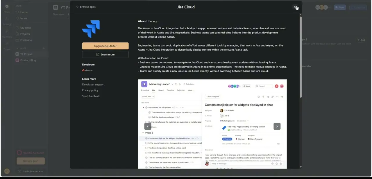 The Jira Cloud app listing inside Asana, developed by Asana, showing how a Jira issue appears embedded in an Asana task.