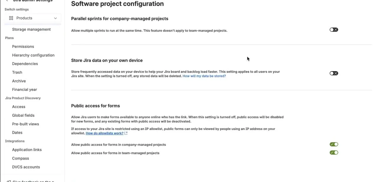 Jira admin settings with the Integrations section expanded, showing Application links in the sidebar next to Compass and DVCS accounts.