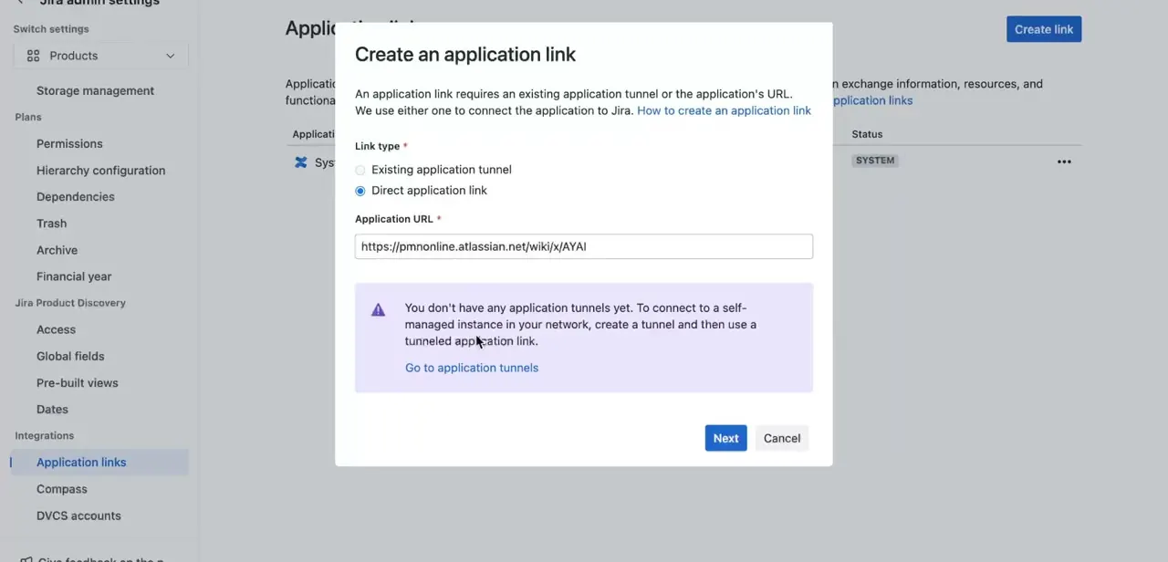 The Create an application link dialog, set to Direct application link with the Confluence wiki URL entered.