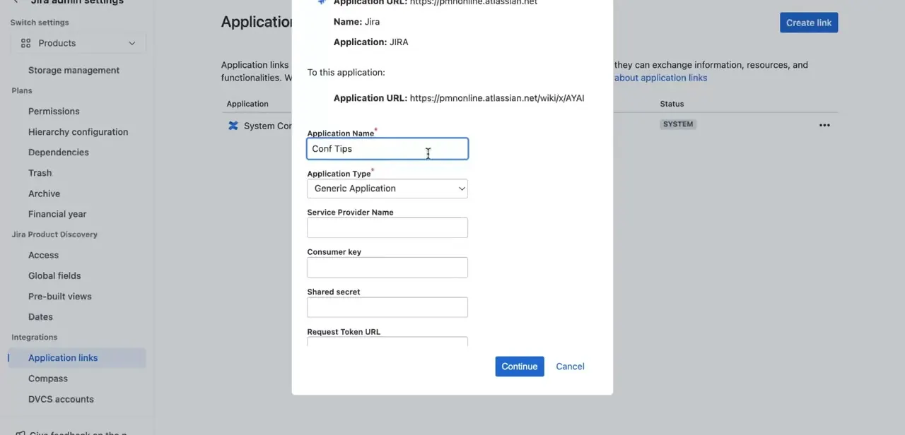Naming the new application link before finishing the connection — the advanced OAuth fields below can stay empty for a standard link.