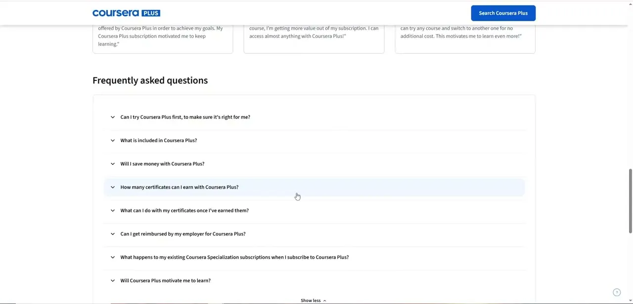 Coursera Plus's frequently asked questions section, covering what's included, certificate limits, and employer reimbursement.