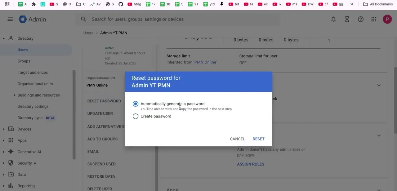 The Reset password dialog for a user account, offering a choice between an automatically generated password and a custom one.