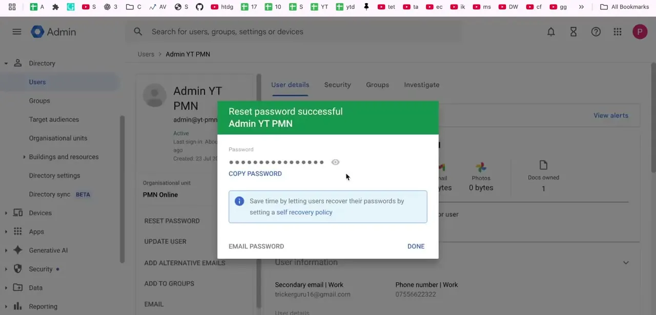 The confirmation screen after a successful password reset, with options to copy the password or email it directly to the user.