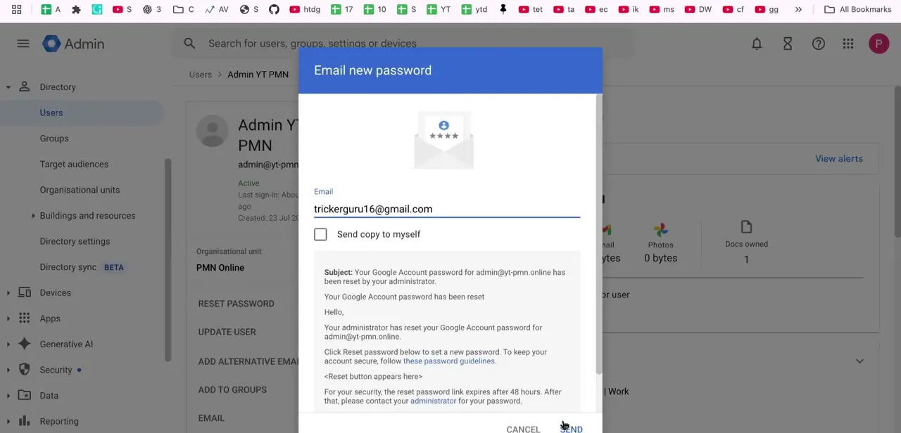 The Email new password dialog, showing the recovery email address, the message the user will receive, and the 48-hour link expiry warning.