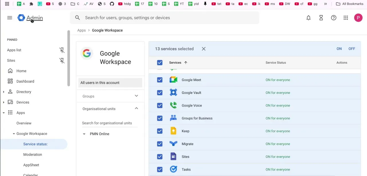 The Admin Console's service status list, with Google Vault switched on alongside Meet, Groups, Keep, and Sites.