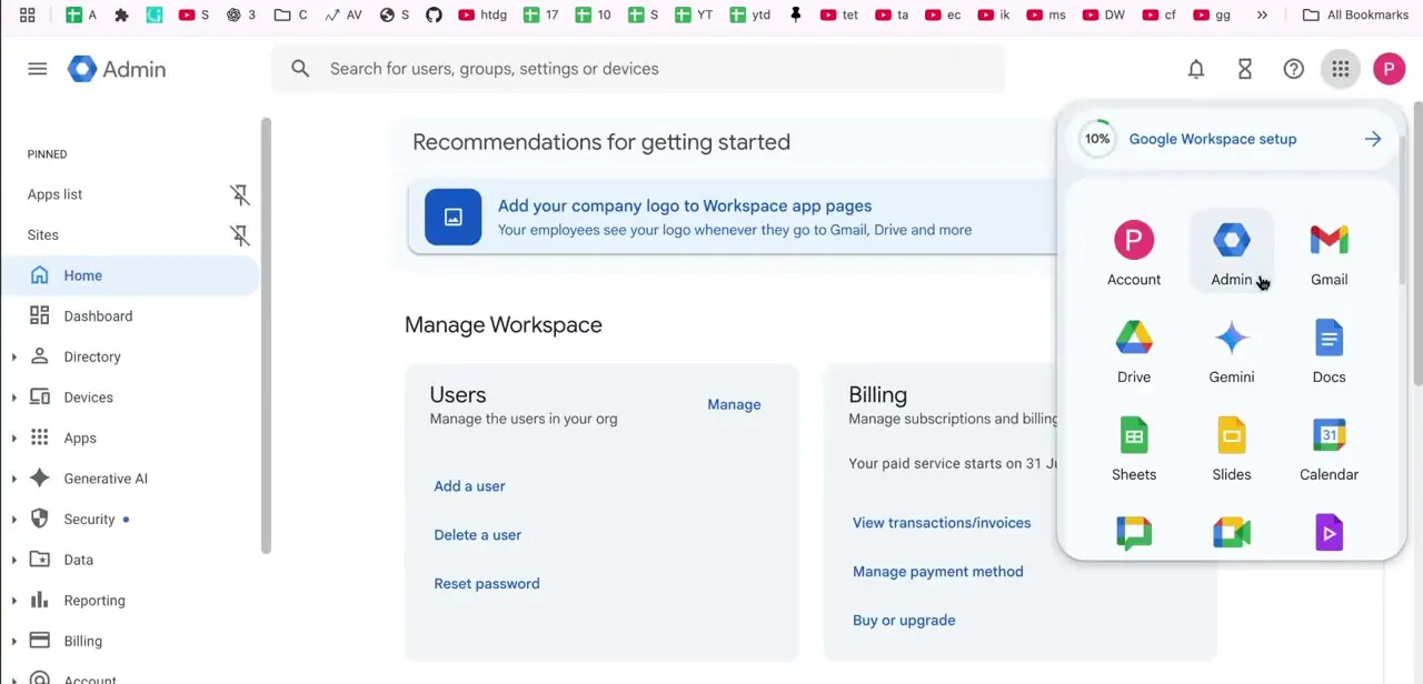 The Google apps switcher, listing Drive, Gmail, Calendar, Docs, Sheets, and Slides — the same core services a Takeout or admin export can include.