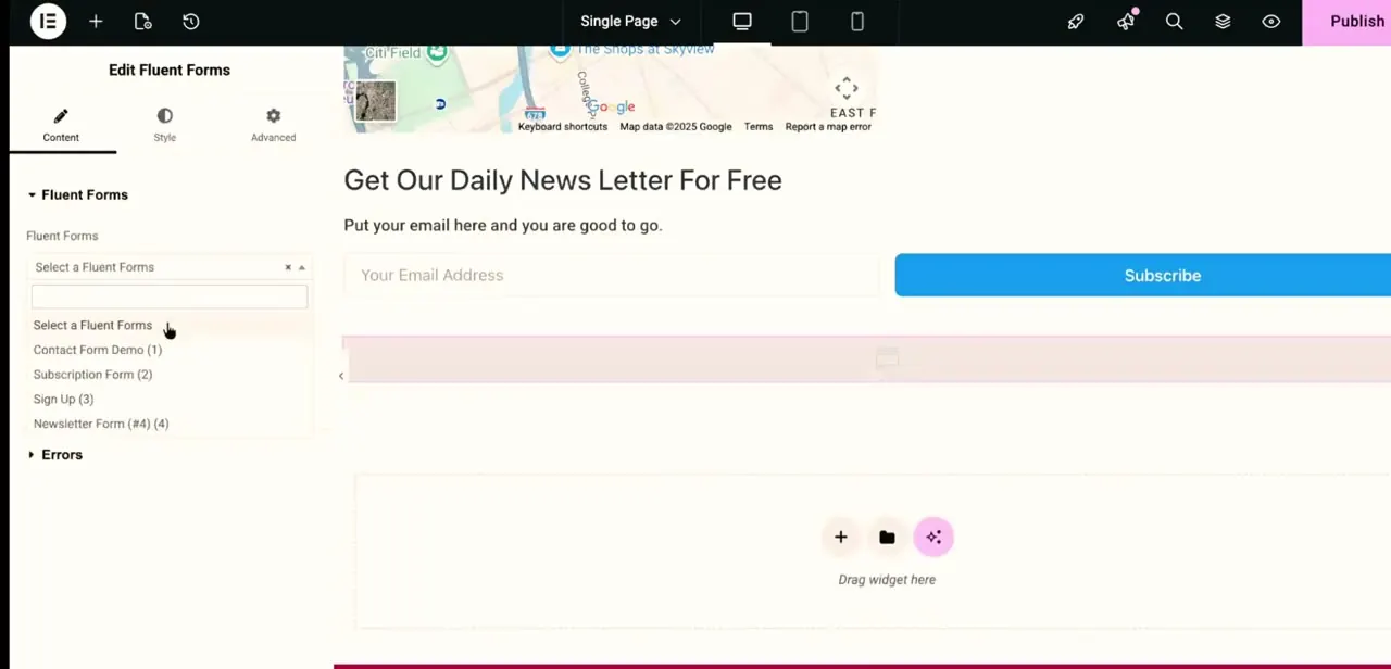 A trimmed-down subscribe form — just an email field and a Subscribe button — shown inside the Elementor page it's about to be embedded on.