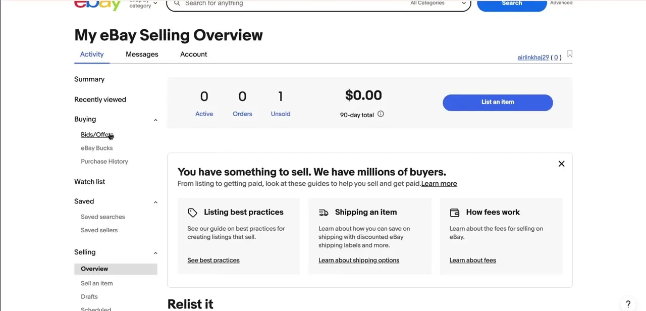 The account sidebar under Buying, where Purchase History sits alongside Bids/Offers and eBay Bucks as an alternate way to reach your order list.