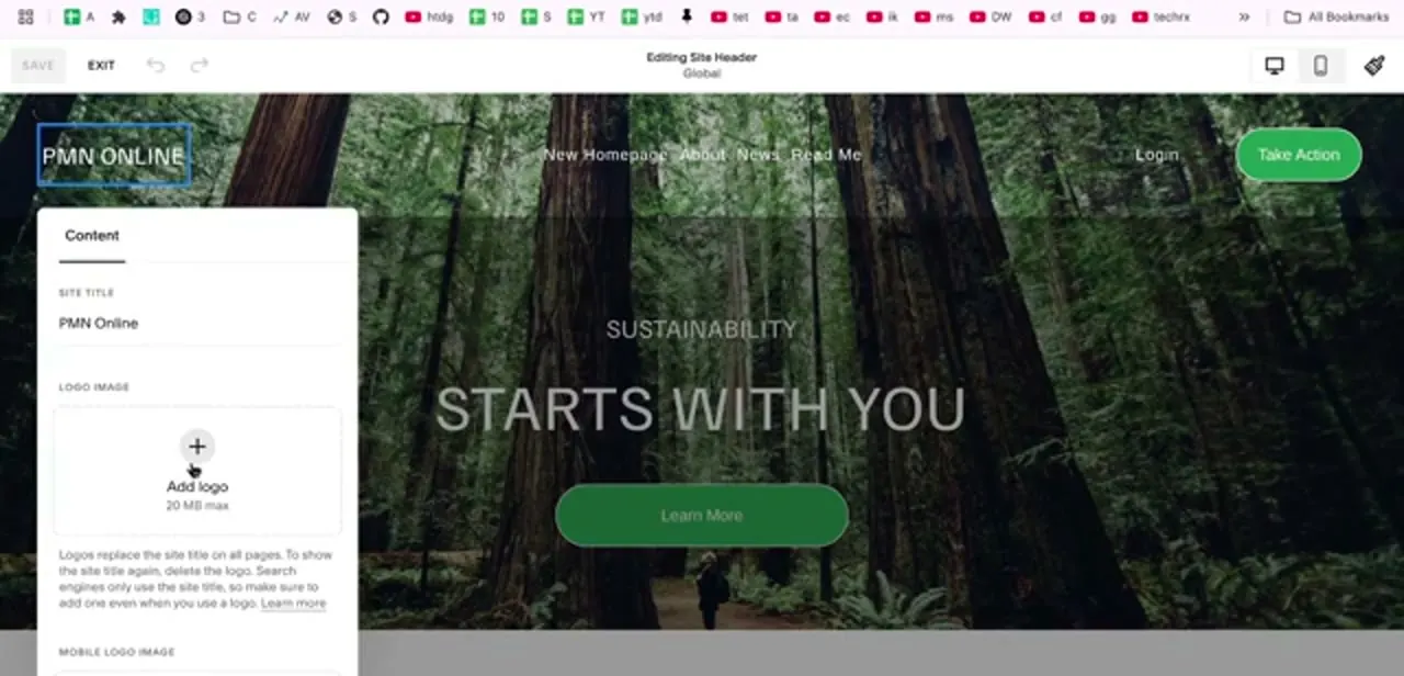 The site header editor before a logo is added — the Content panel shows the Site Title field and an empty Logo Image uploader.