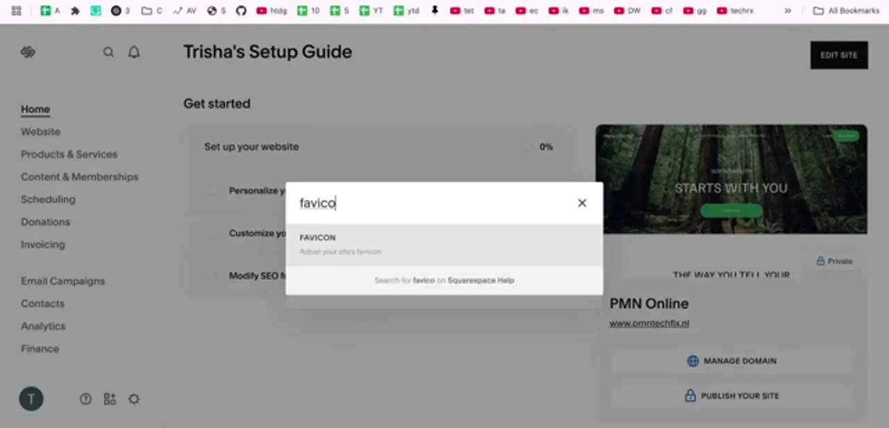 Dashboard search results for "favico," showing the direct FAVICON shortcut to adjust the browser tab icon.