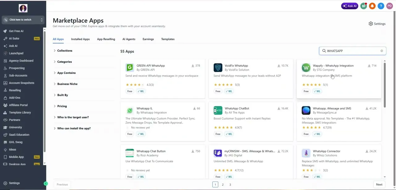 Searching "WhatsApp" in the Marketplace Apps directory turns up more than fifty connector apps rather than a single native integration.