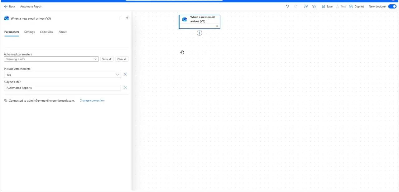 The email trigger's Advanced parameters panel, with Include Attachments set to Yes and a Subject Filter narrowing it to matching emails.