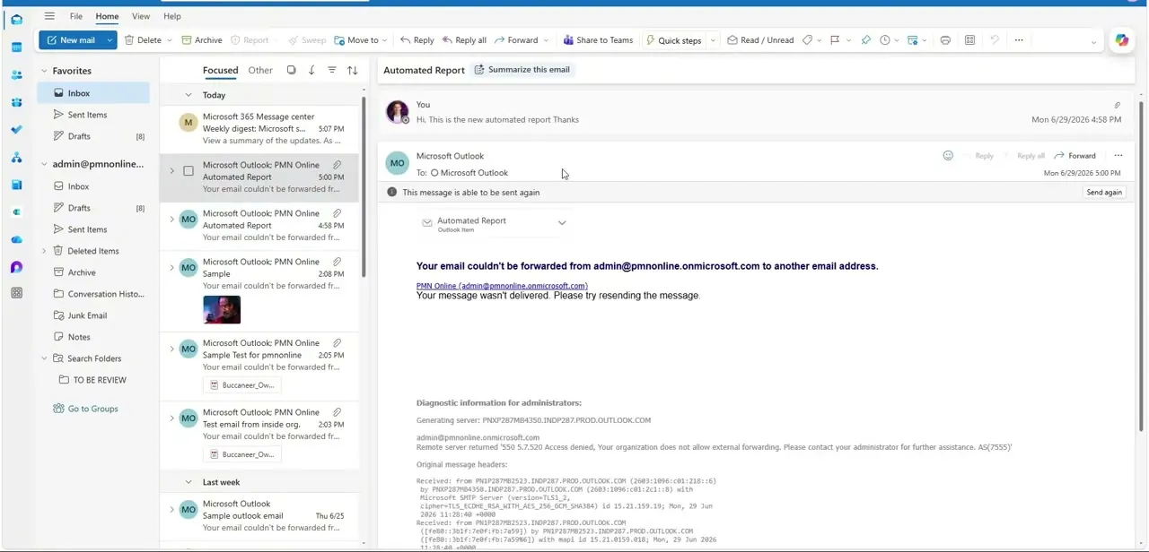 The connected Outlook inbox with a series of "Automated Report" test emails, used to confirm the trigger's subject filter is matching correctly.