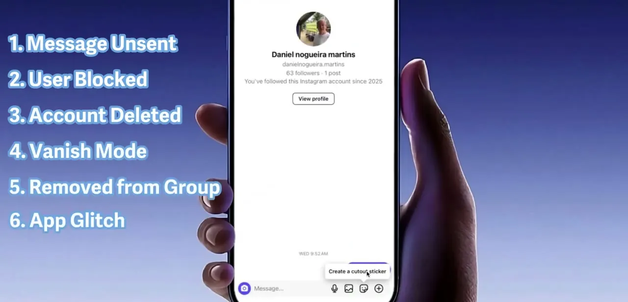 The six common causes of the error, checked against a still-active sender profile — a working "View profile" button rules out a block or deletion.