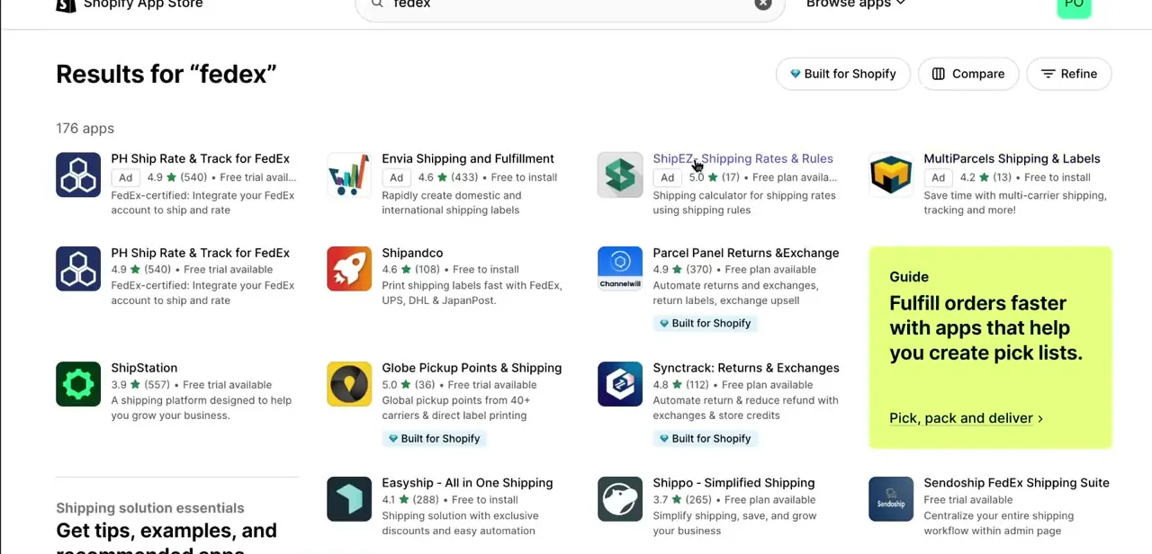 Shopify App Store search results for "fedex," showing MultiParcels Shipping & Labels alongside other FedEx and multi-carrier shipping apps.