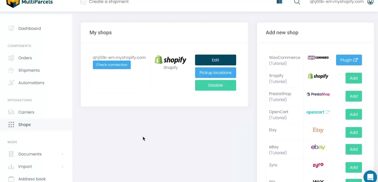 The MultiParcels dashboard's Shops page, showing a connected Shopify store with Edit, Pickup locations, and Disable options, plus other platforms you can add.