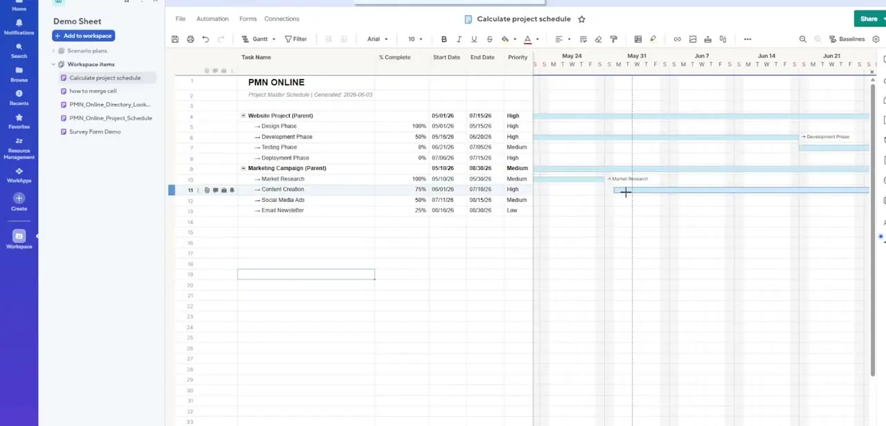 The schedule scrolled further along the timeline, with a task row selected while its Gantt bar is being adjusted.
