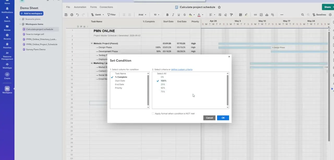 The Set Condition dialog, filtering the % Complete column down to rows where the value equals 100%.