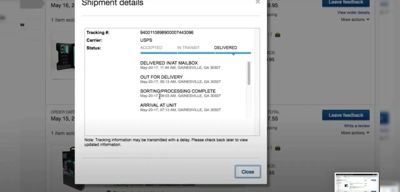 The Shipment details popup, showing carrier, tracking number, a status bar, and a timestamped scan history down to the delivery location.