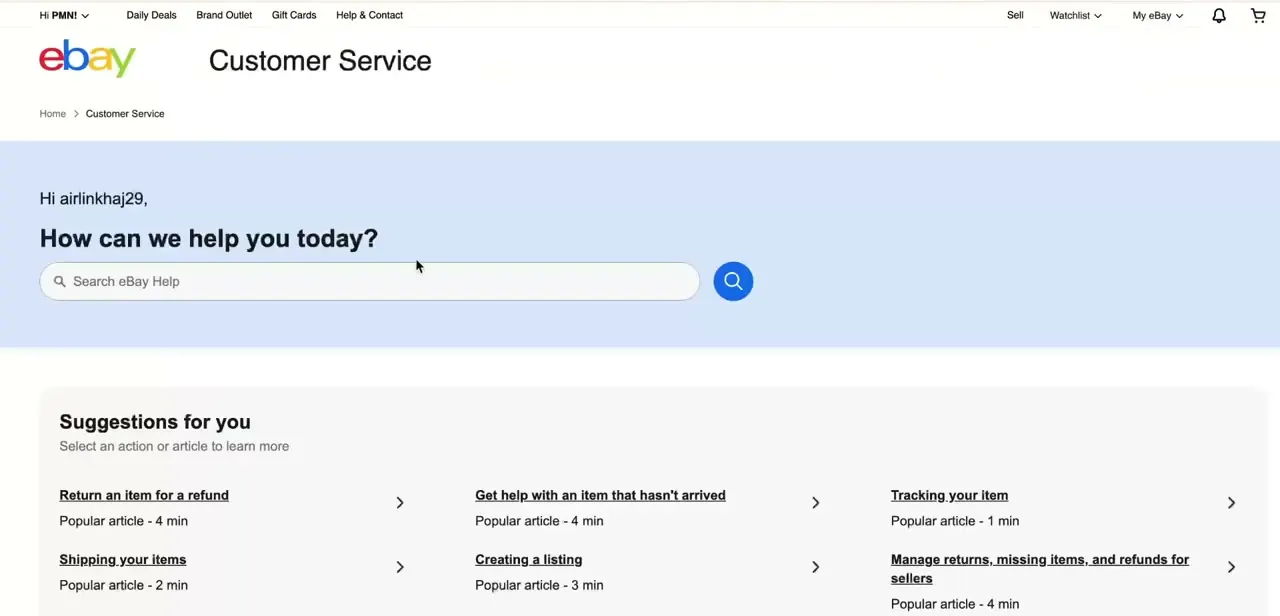 eBay's Customer Service page, with "Tracking your item" and "Get help with an item that hasn't arrived" listed as popular suggested articles.