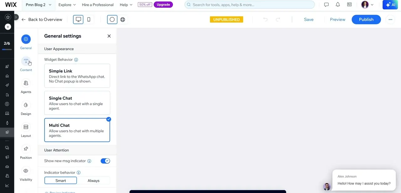 The widget's General settings, with Widget Behavior set to Multi Chat and a live preview of the chat bubble on the right.