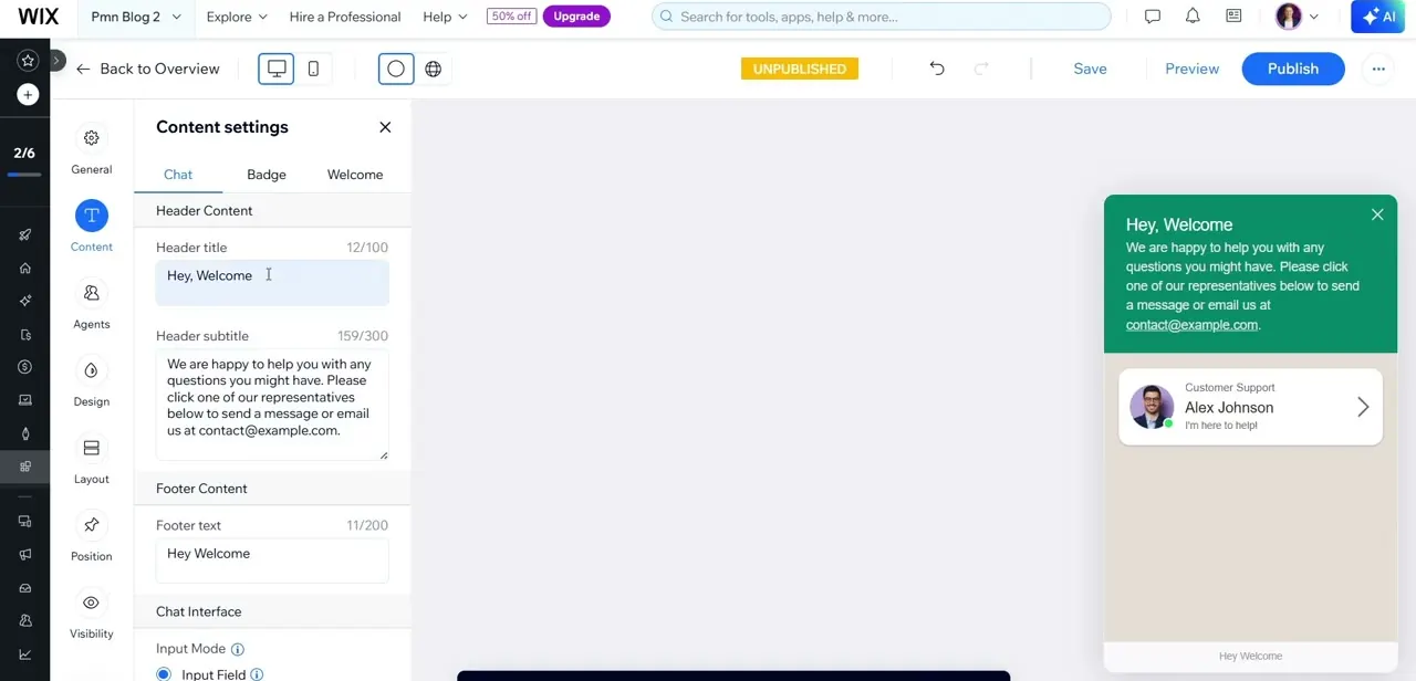 Content settings for the chat widget, with Header title, Header subtitle, and Footer text fields feeding the live preview alongside them.