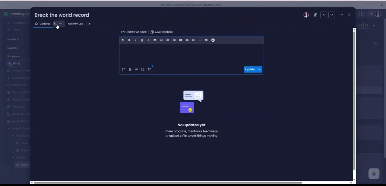 A task's Updates tab — a comment thread for that item, starting empty until someone posts progress or mentions a teammate.