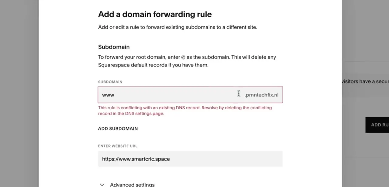 How to Fix Squarespace This rule is conflicting with an existing DNS record while Domain Forwarding
