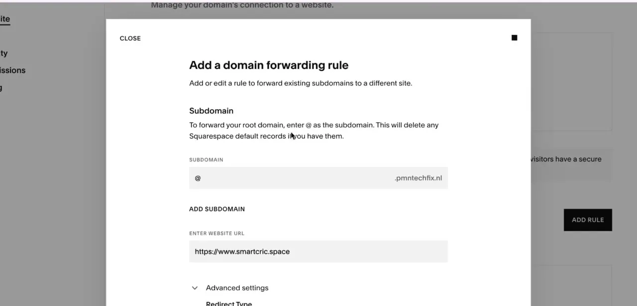 The same forwarding dialog with @ entered as the subdomain instead of www. No conflict error shows, and the helper text above confirms this will delete any remaining Squarespace default records.