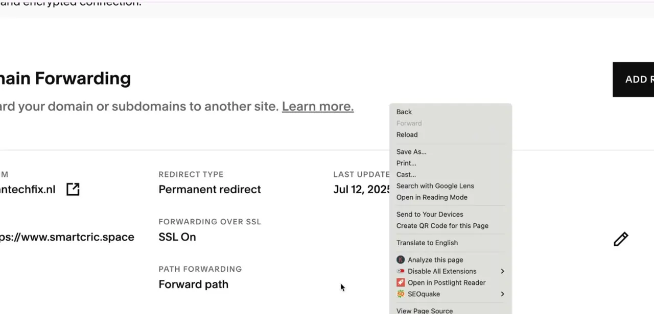 A completed forwarding rule showing Permanent redirect as the type and Forwarding over SSL set to On.