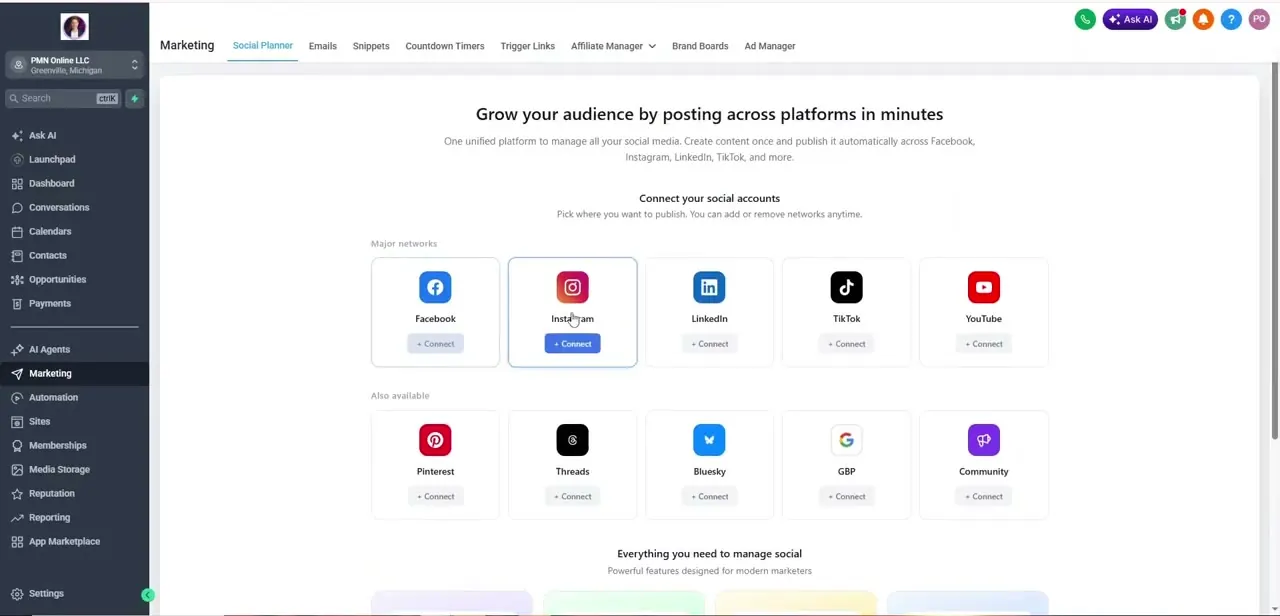 The Social Planner's account-connection screen, where Facebook sits alongside Instagram, LinkedIn, TikTok, and YouTube as a one-click Connect card.