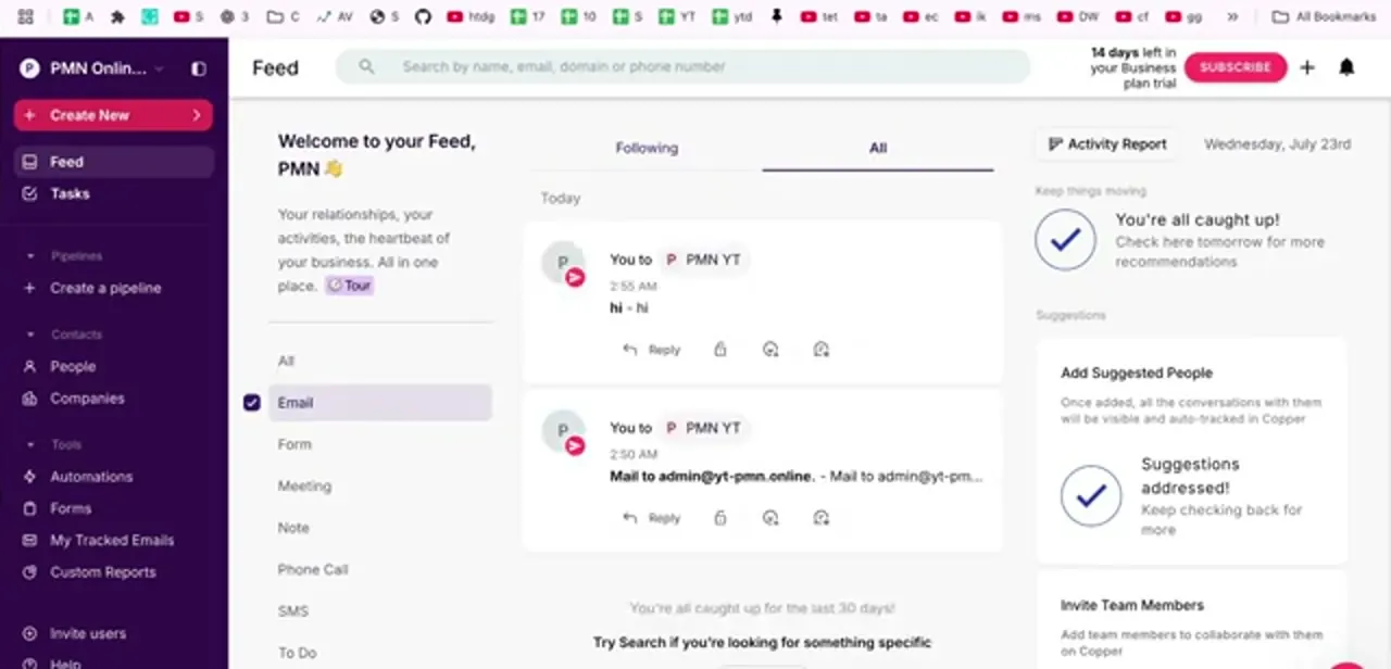 The Copper Feed with activity filtered by type, an activity report on the right, and the full navigation down the left.
