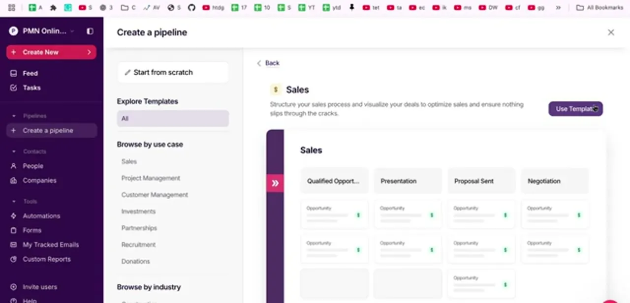 The pipeline creation screen, with templates browsable by use case and a preview of the Sales pipeline's stages.